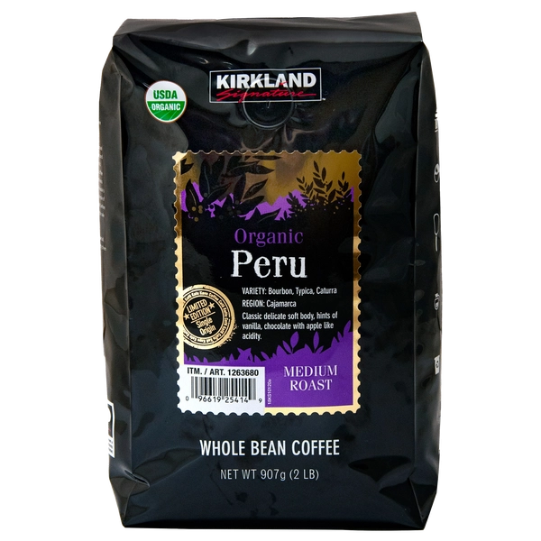 KIRKLAND Organic Peru Cajamarca Department Whole Bean Coffee